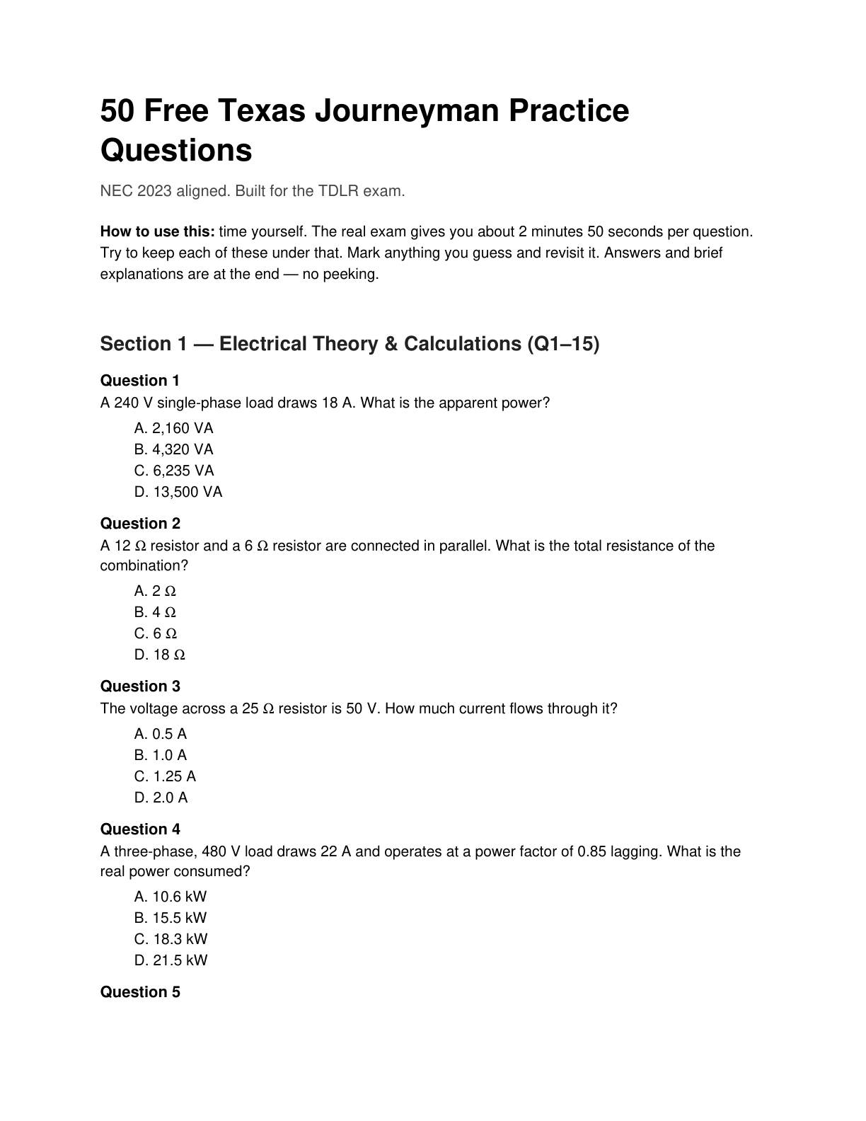 Page 1 of the 50-question practice PDF